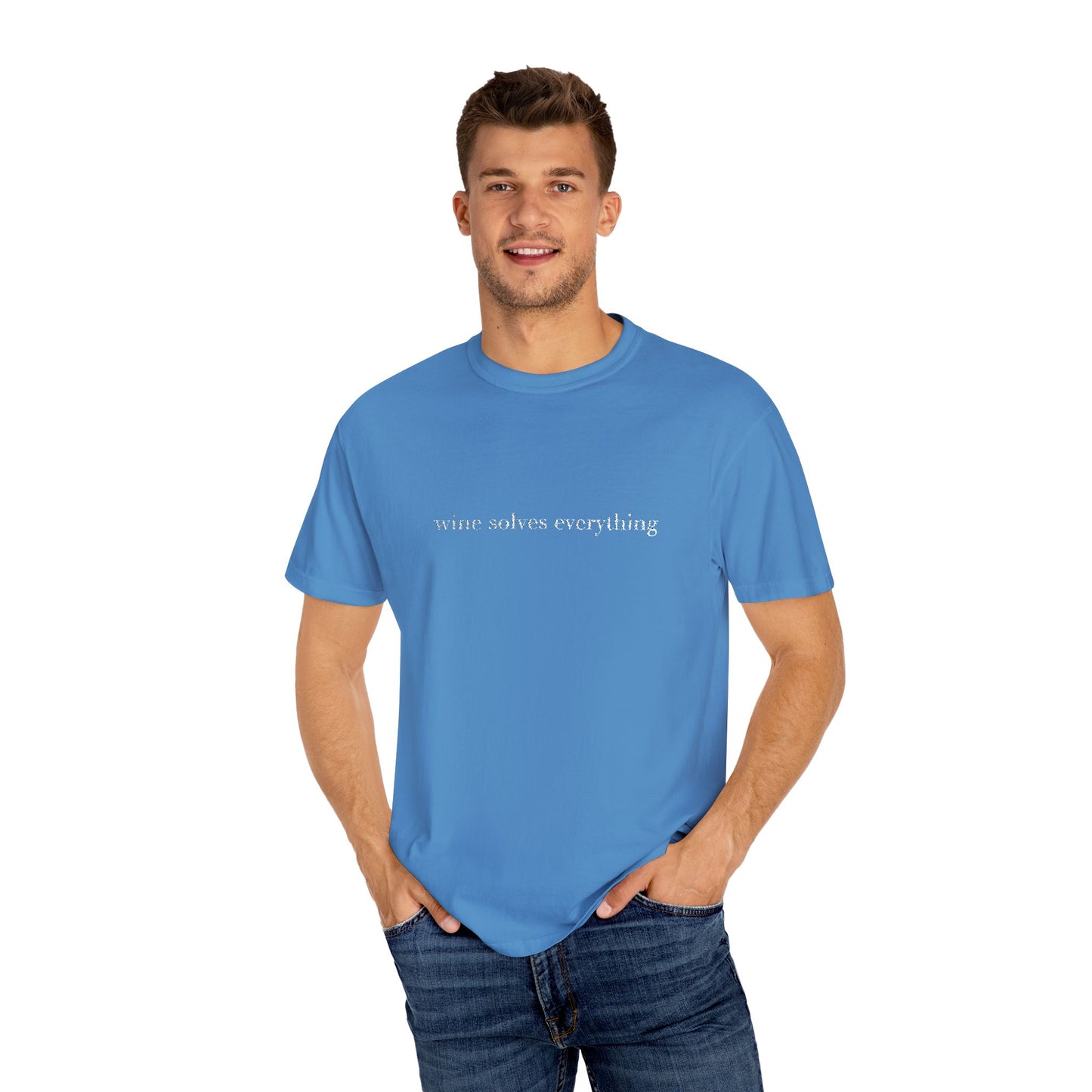 Embroidered wine solves everything Unisex T-shirt, Comfort Colors 1717 Tee, Vineyard Shirt, Summer Nights Top, Wine Lovers Gift (Various Colors)