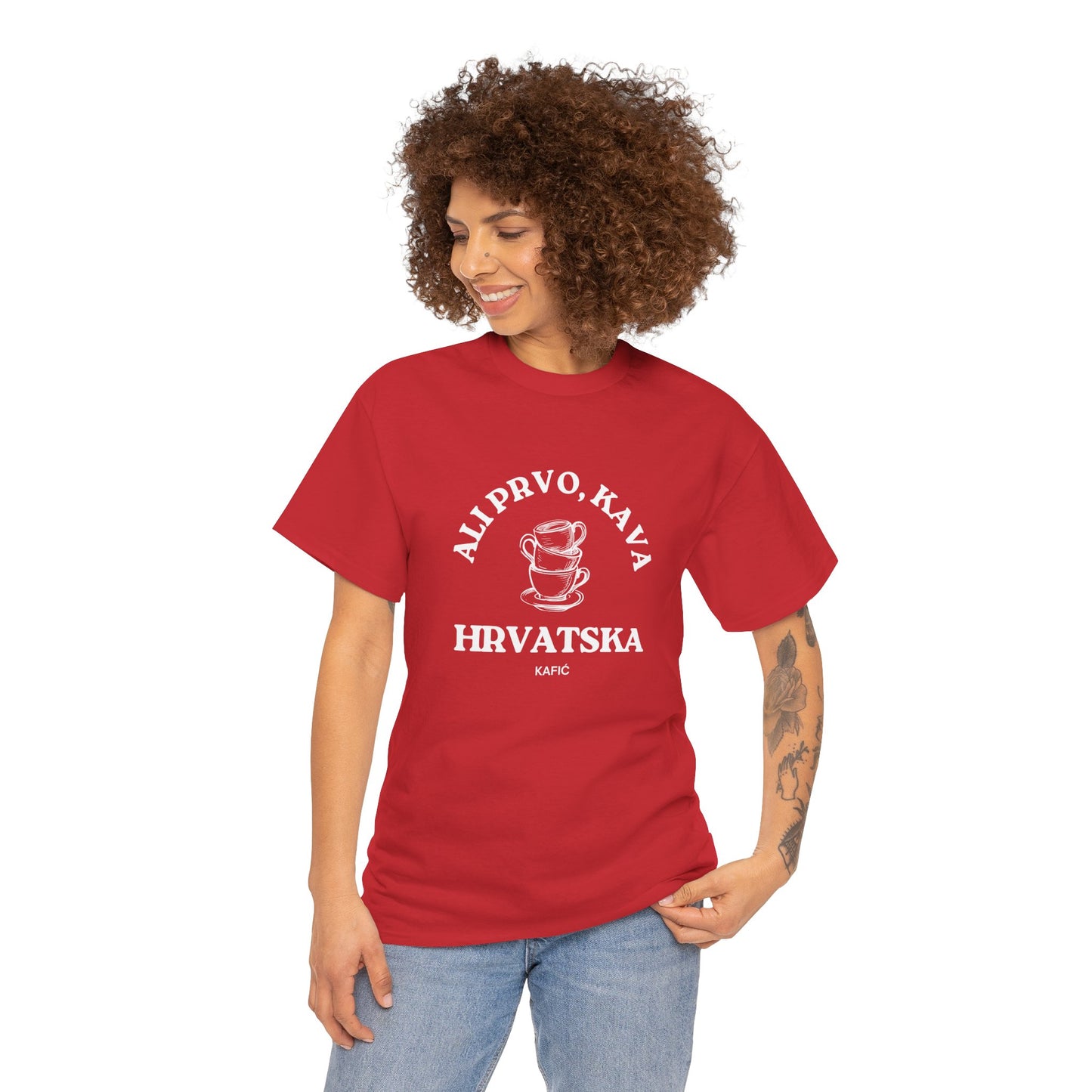 Ali Prvo, Kava "But first, Coffee" - Unisex Heavy Cotton Tee - (Navy, Graph. Heather, Red, Carolina Bl, Antiq Irish Green, Black, Red)