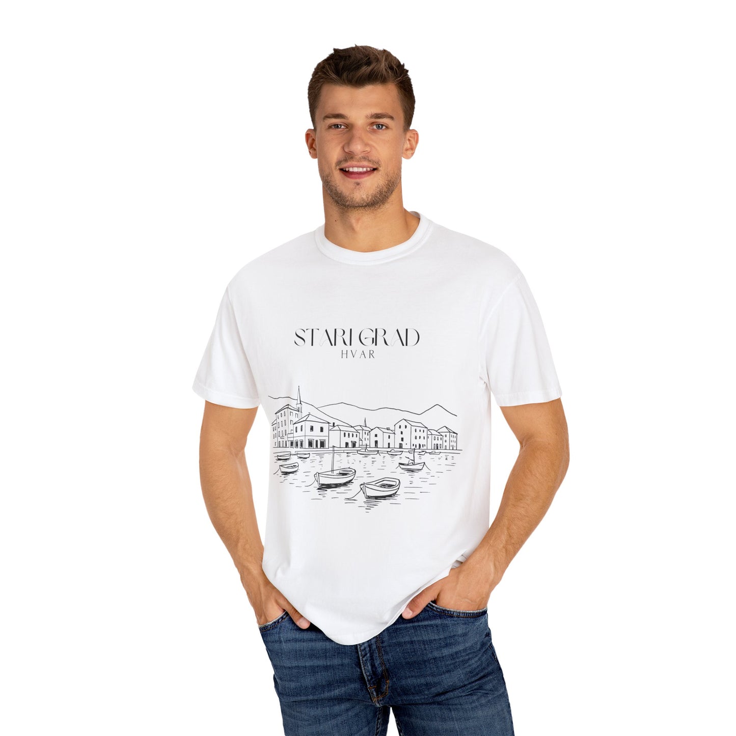 Stari Grad, Hvar, Croatia Sketch Tee | Unisex Garment-Dyed T-Shirt