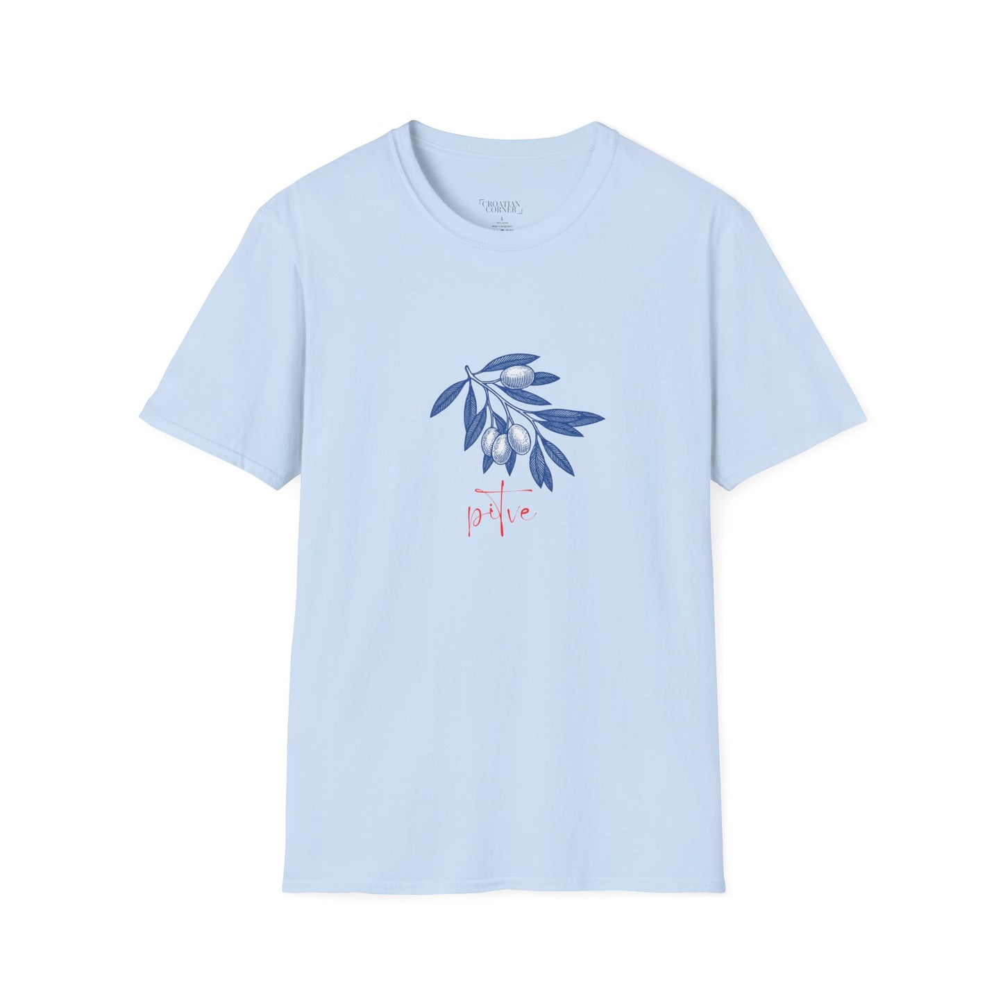 Pitve, Hvar, Croatia - Olive Branch T-Shirt, Unisex Softstyle Tee, Travel Souvenir Shirt, Gift for Her/Him, Vacation Top (Pitve Text Only)