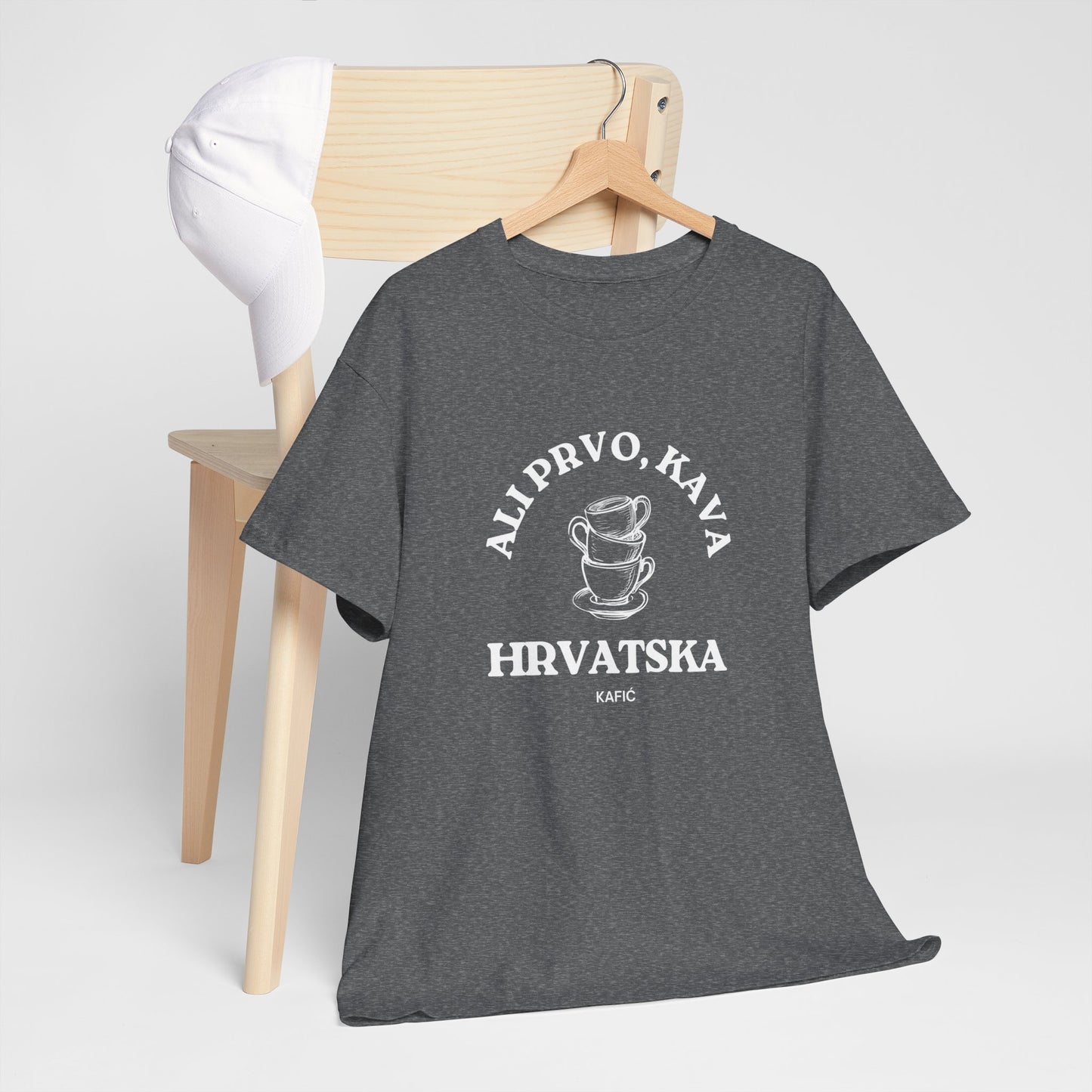 Ali Prvo, Kava "But first, Coffee" - Unisex Heavy Cotton Tee - (Navy, Graph. Heather, Red, Carolina Bl, Antiq Irish Green, Black, Red)