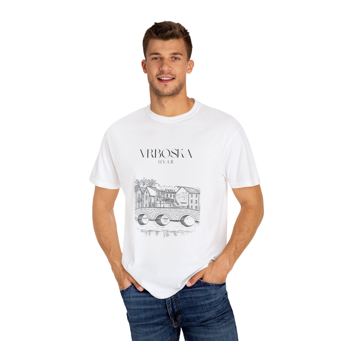 Vrboska, Hvar, Croatia Sketch Tee | Unisex Garment-Dyed T-Shirt