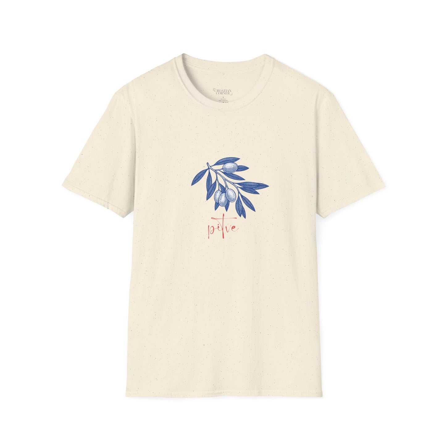 Pitve, Hvar, Croatia - Olive Branch T-Shirt, Unisex Softstyle Tee, Travel Souvenir Shirt, Gift for Her/Him, Vacation Top (Pitve Text Only)