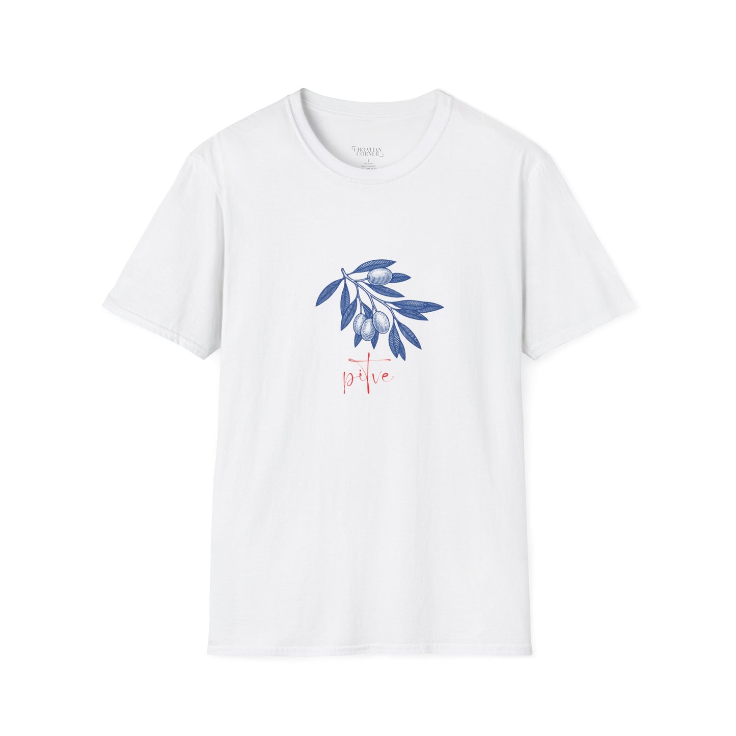 Pitve, Hvar, Croatia - Olive Branch T-Shirt, Unisex Softstyle Tee, Travel Souvenir Shirt, Gift for Her/Him, Vacation Top (Pitve Text Only)