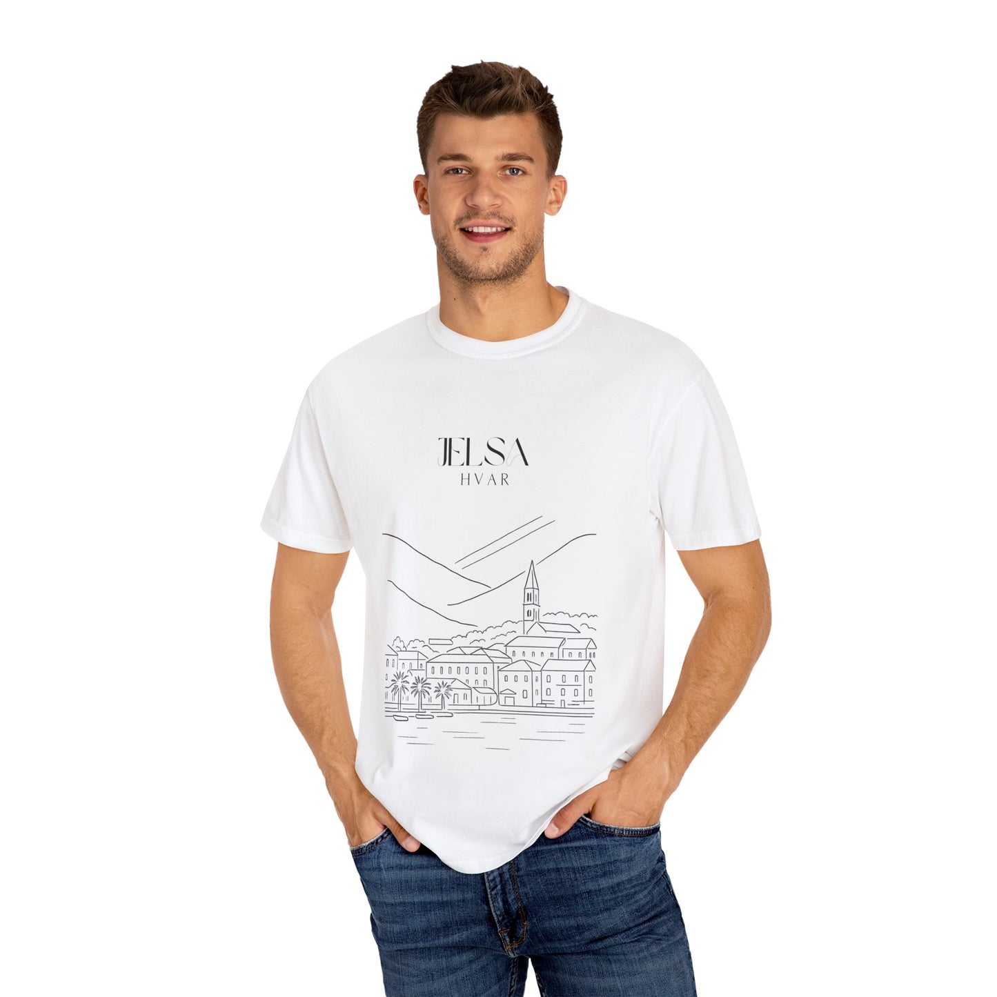 Jelsa, Croatia Sketch Tee | Unisex Garment-Dyed T-Shirt
