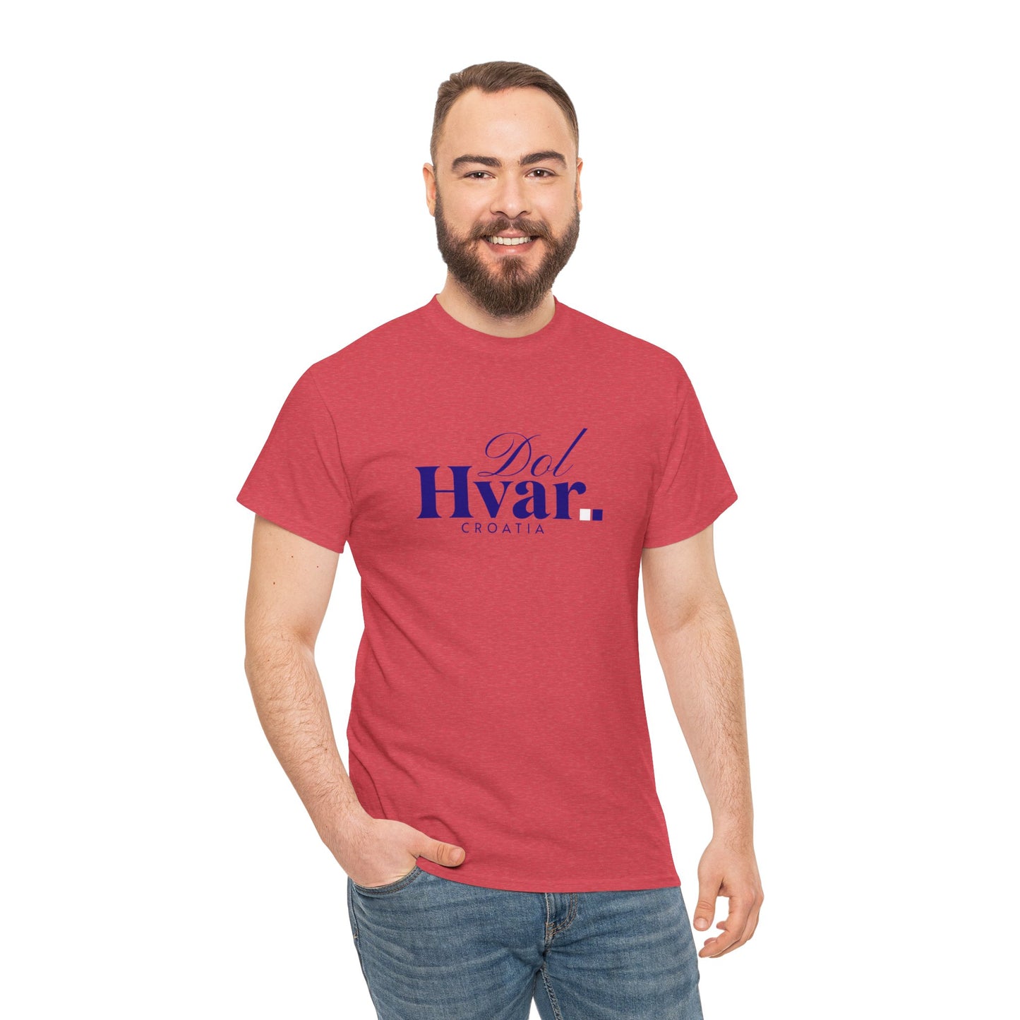 Dol, HVAR, Croatia - Unisex Tee - (Red or Heather Red) Blue Font