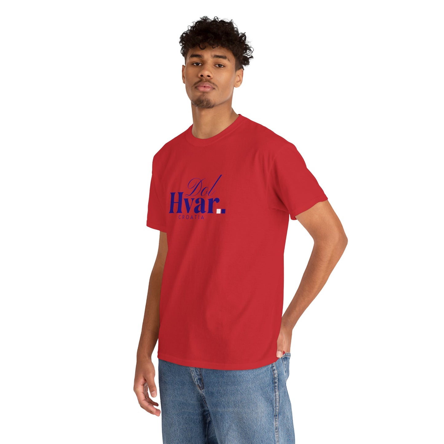 Dol, HVAR, Croatia - Unisex Tee - (Red or Heather Red) Blue Font