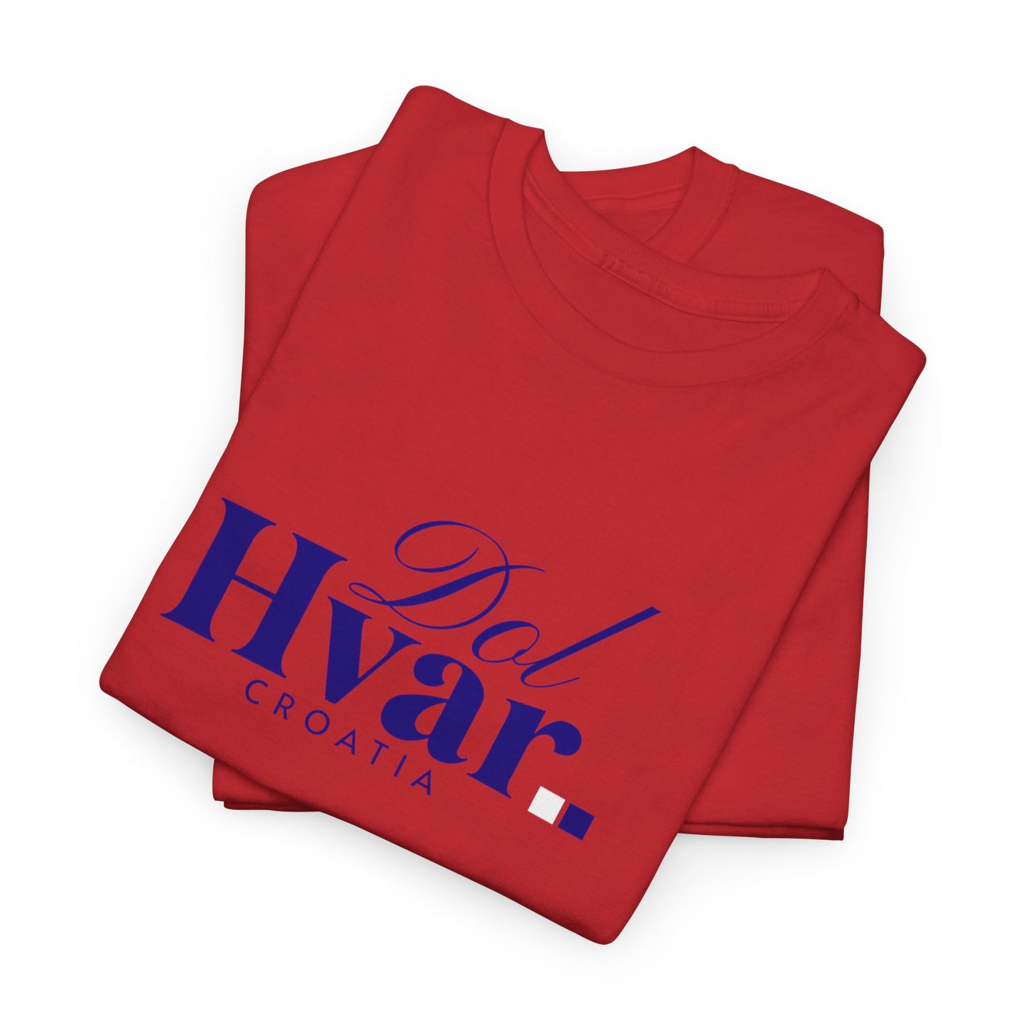 Dol, HVAR, Croatia - Unisex Tee - (Red or Heather Red) Blue Font