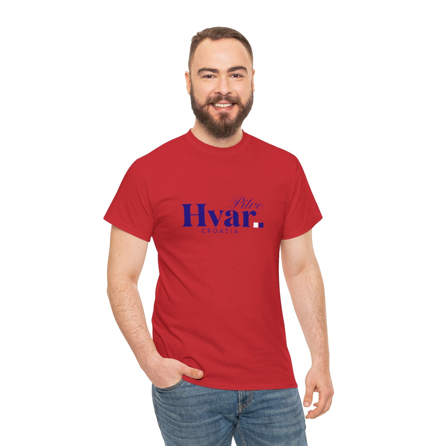 Pitve, HVAR, Croatia - Unisex Tee - (Red or Heather Red) Blue Font