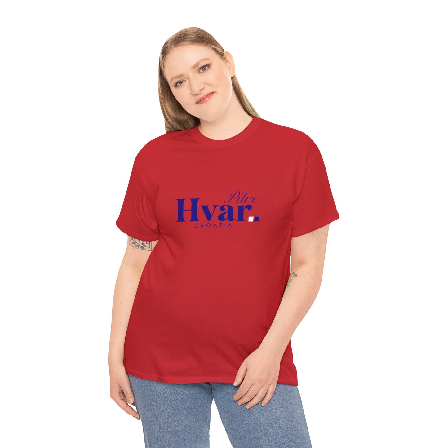 Pitve, HVAR, Croatia - Unisex Tee - (Red or Heather Red) Blue Font