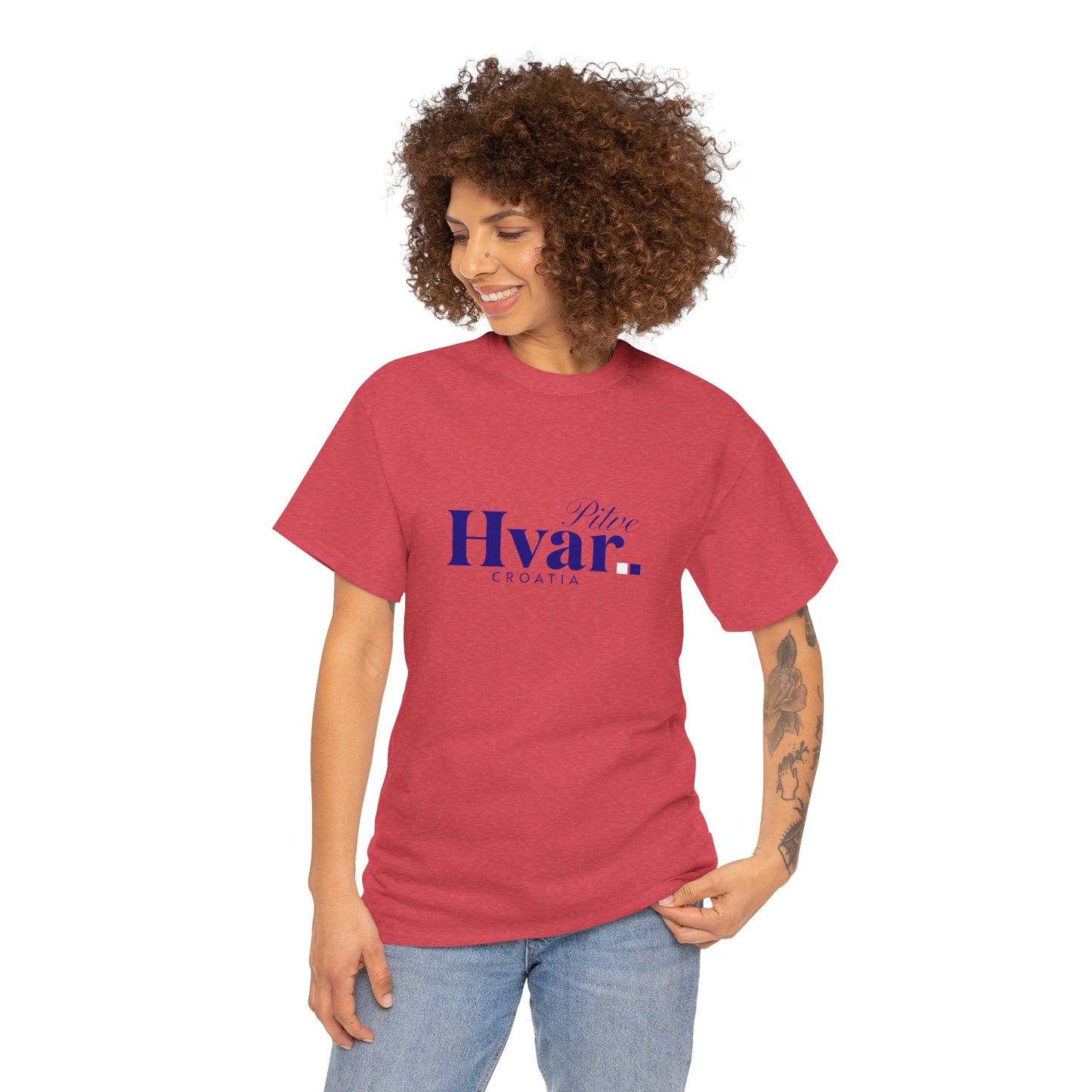 Pitve, HVAR, Croatia - Unisex Tee - (Red or Heather Red) Blue Font