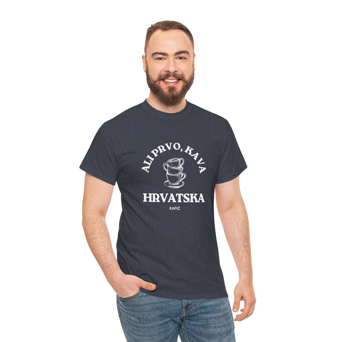 Ali Prvo, Kava "But first, Coffee" - Unisex Heavy Cotton Tee - (Navy, Graph. Heather, Red, Carolina Bl, Antiq Irish Green, Black, Red)