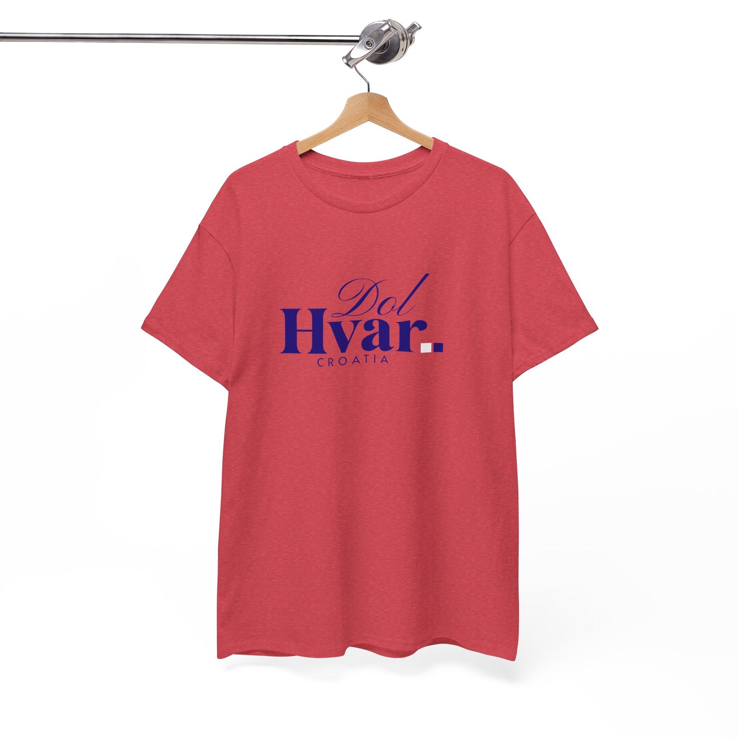 Dol, HVAR, Croatia - Unisex Tee - (Red or Heather Red) Blue Font