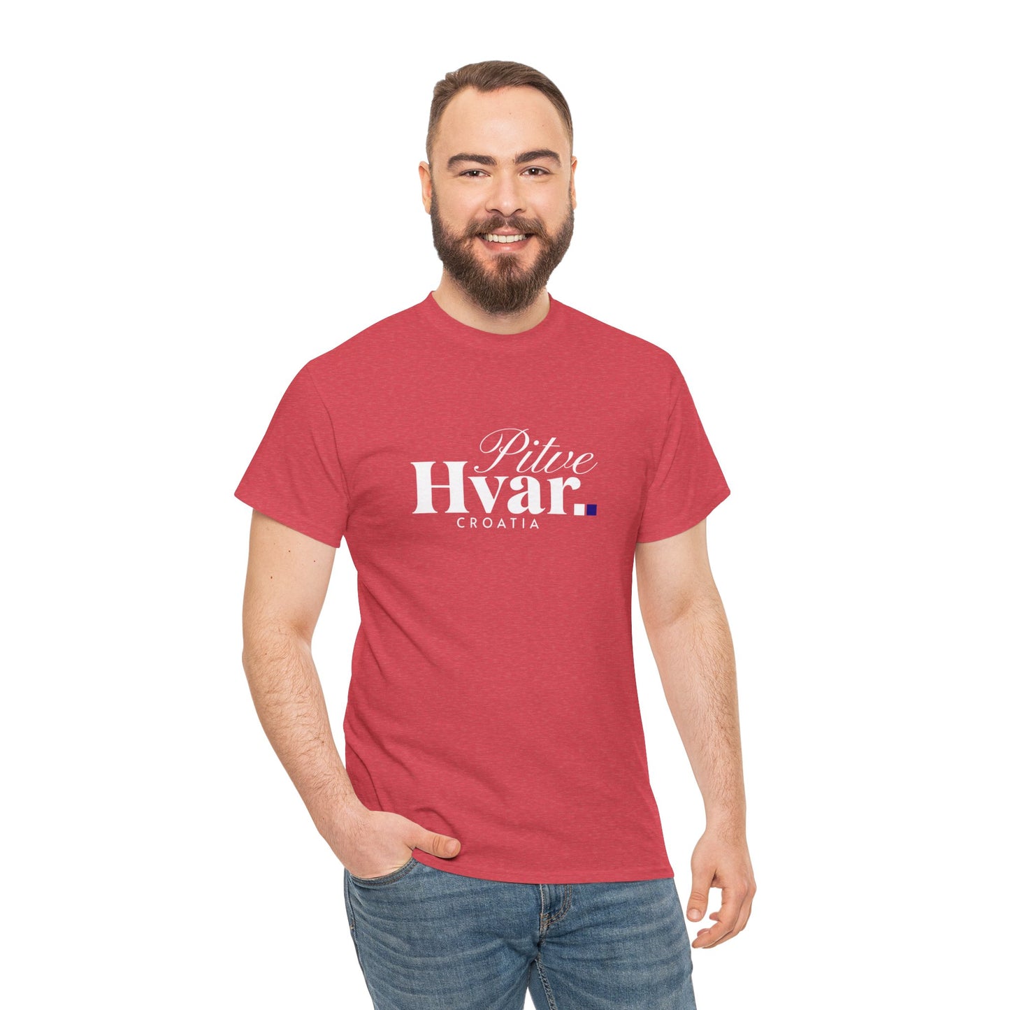 Pitve, HVAR, Croatia - Unisex Tee - (Red or Heather Red) White Font