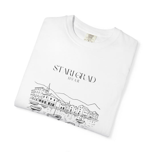Stari Grad, Hvar, Croatia Sketch Tee | Unisex Garment-Dyed T-Shirt