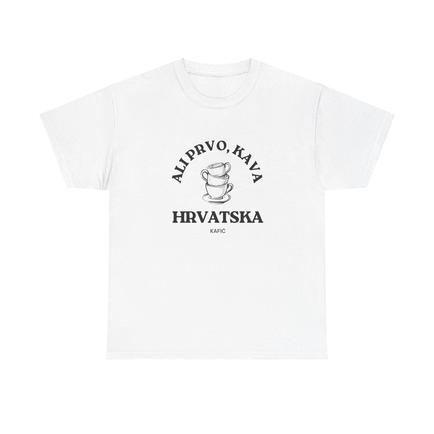 Ali Prvo, Kava "But first, Coffee" - Unisex Heavy Cotton Tee - (White, Grey, or Carolina Blue)