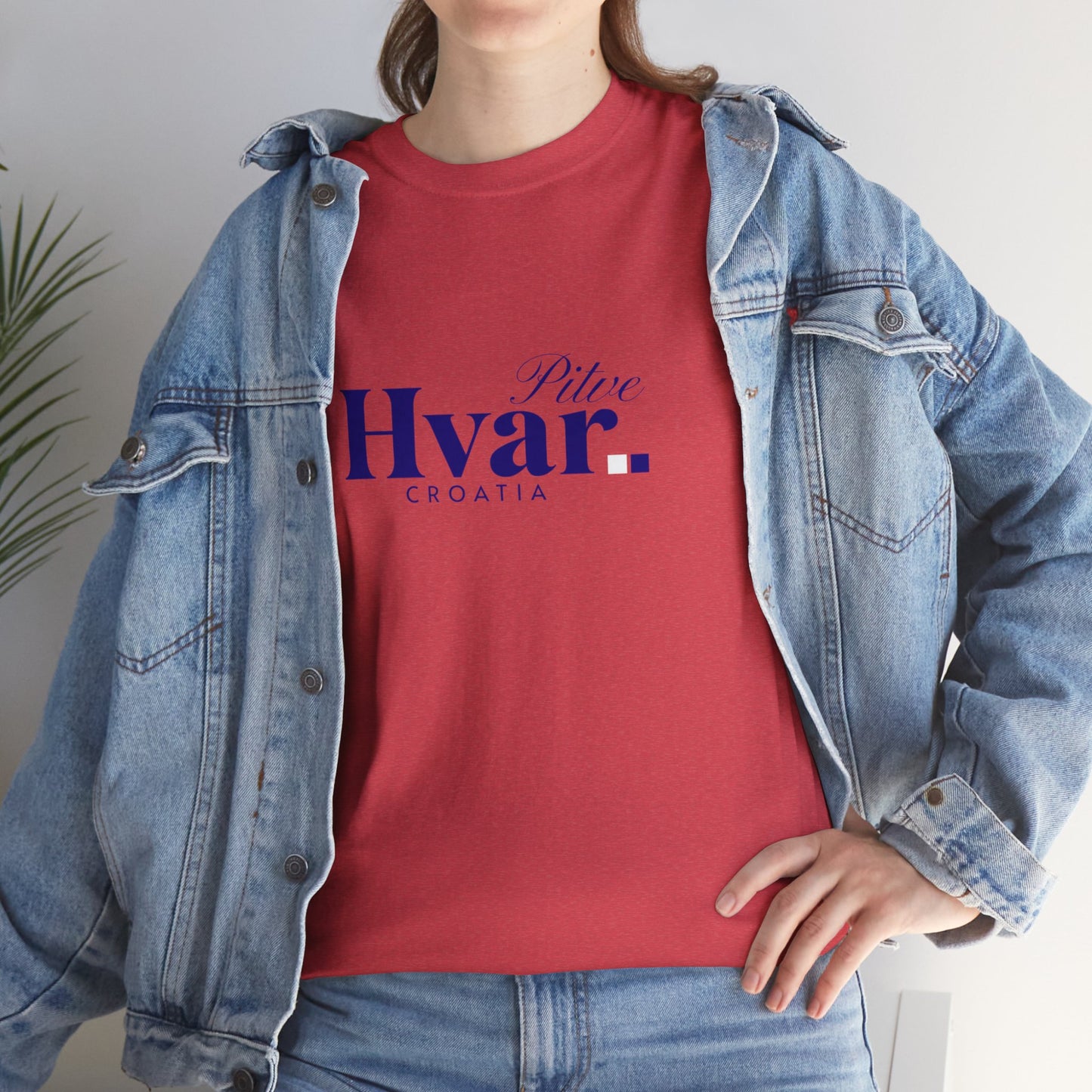 Pitve, HVAR, Croatia - Unisex Tee - (Red or Heather Red) Blue Font