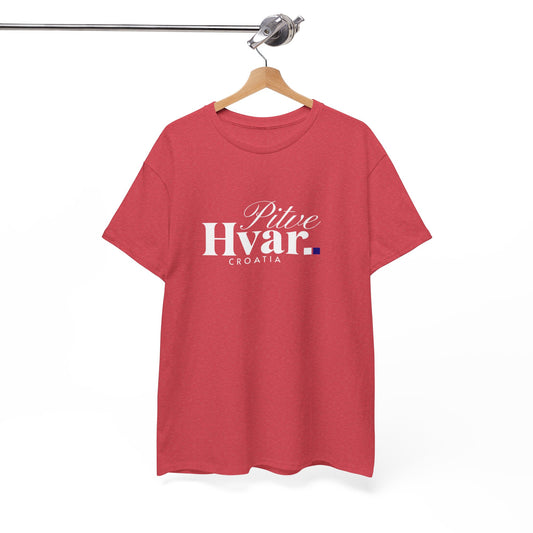 Pitve, HVAR, Croatia - Unisex Tee - (Red or Heather Red) White Font