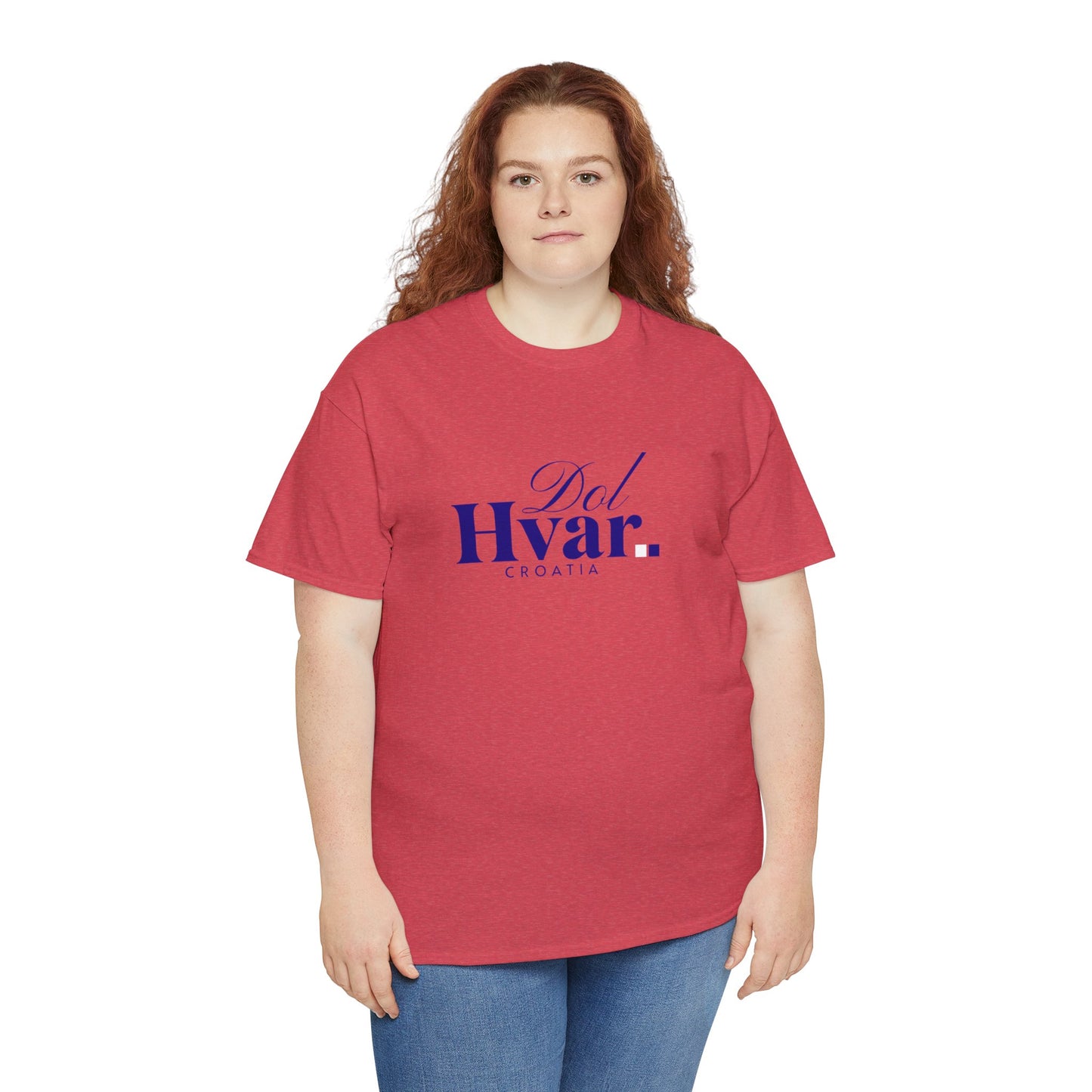 Dol, HVAR, Croatia - Unisex Tee - (Red or Heather Red) Blue Font