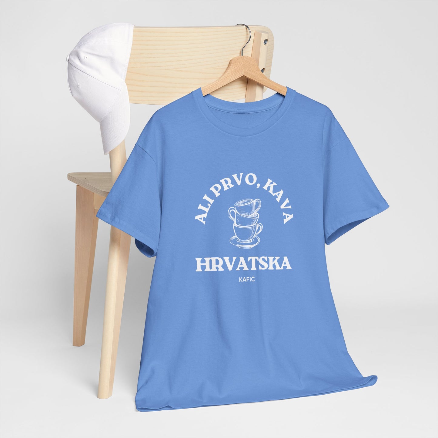 Ali Prvo, Kava "But first, Coffee" - Unisex Heavy Cotton Tee - (Navy, Graph. Heather, Red, Carolina Bl, Antiq Irish Green, Black, Red)