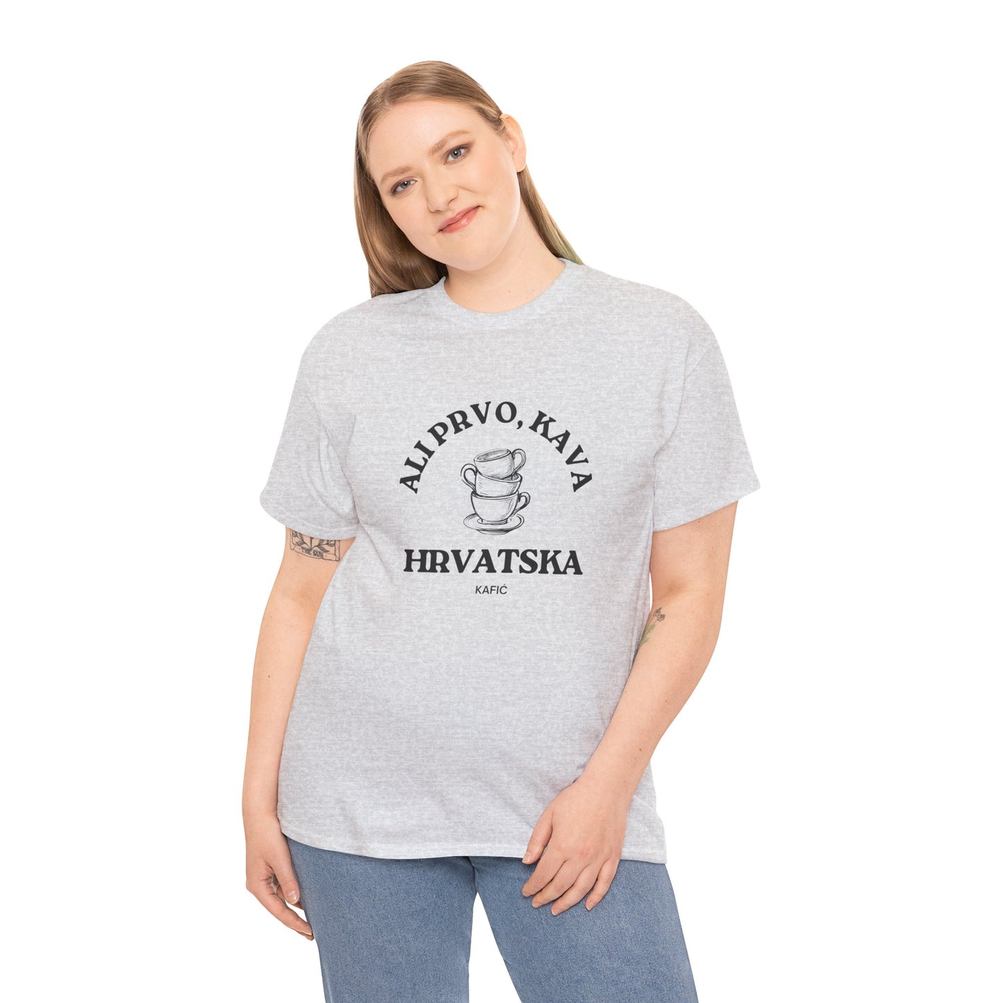 Ali Prvo, Kava "But first, Coffee" - Unisex Heavy Cotton Tee - (White, Grey, or Carolina Blue)